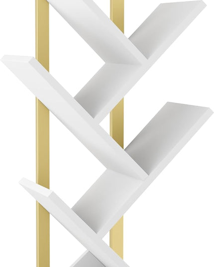 Yusong Tree Bookshelf, 5-Tier Small Bookcase with Metal Frame, Geometric Floor Standing Books Shelves Wooden Shelf for Office Desk Bedroom Tabletop Living Room White - LeafyLoom
