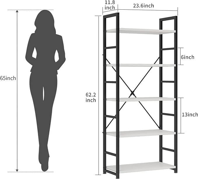 VERMESS Industrial Bookshelf, 5-Tier 24inch White Shelving Unit Wood Bookcase with Open Shelves, Rustic Standing Bookshelves Metal Frame Display Rack for Living Room,Bedroom, 24 * 11.8 * 63 inch - LeafyLoom