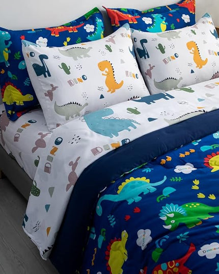 Wajade 7 Piece Kid Boys Dinosaur Comforter Set Twin Size 3D Blue Dinosaur Wild Park Jungle Print Bedding Set with Comforter, Sheet Set, Pillowcase and Sham - LeafyLoom