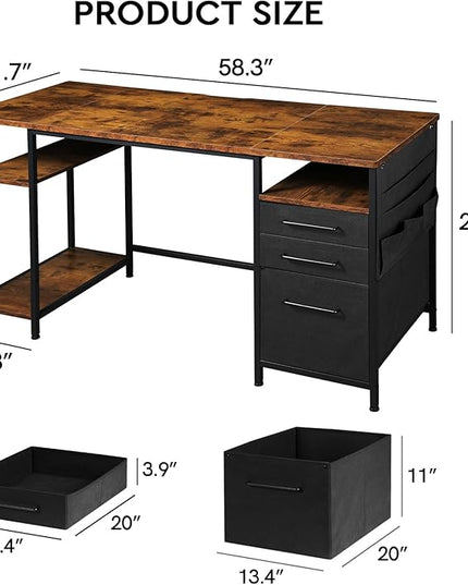 Ｍａｉｈａｉｌ Maihail Home Office Desk with Drawers Adjustable Shelves, 59 inch Writing Desk with File Cabinet, Large Computer Desk with Storage, Rustic Brown - LeafyLoom