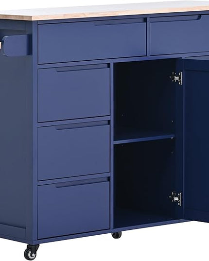 Kitchen Island on Lockable Wheels, Mobile Kitchens Cart with Rubber Wood Countertop, w/Drawer and Storage Cabinet for Dining Room, Bar - LeafyLoom