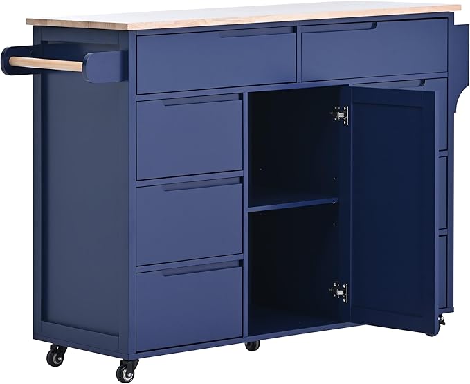 Kitchen Island on Lockable Wheels, Mobile Kitchens Cart with Rubber Wood Countertop, w/Drawer and Storage Cabinet for Dining Room, Bar - LeafyLoom