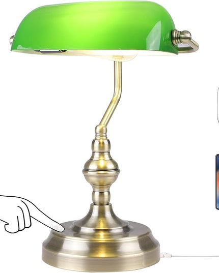 Green Glass Bankers Desk Lamp,Vintage Desk Lamp Touch Control, 3 Way Dimmable Table Lamp with USB Charging Port, Mid Century Banker's Desk Lamp for Home Office Library Antique Brass - LeafyLoom