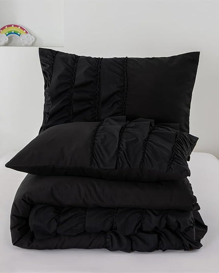 A Nice Night Waterfall Flutter Ruffle 3PCS Comforter Set,Chic Ruffled Textured Princess Bedding Set,Black,Twin - LeafyLoom
