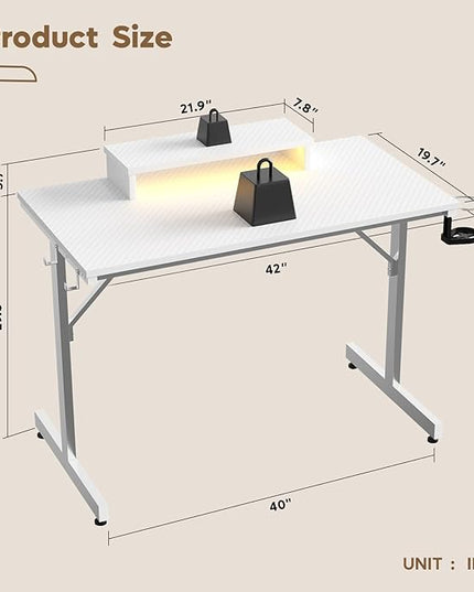Bestier Small Gaming Desk with Monitor Stand, 42 inch LED Computer Desk, Gamer Workstation with Cup Holder & Headset Hooks, Modern Simple Style Desk for Home Office, Carbon Fiber White - LeafyLoom