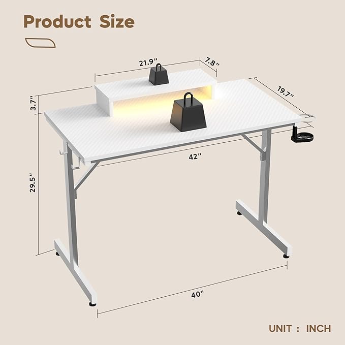 Bestier Small Gaming Desk with Monitor Stand, 42 inch LED Computer Desk, Gamer Workstation with Cup Holder & Headset Hooks, Modern Simple Style Desk for Home Office, Carbon Fiber White - LeafyLoom