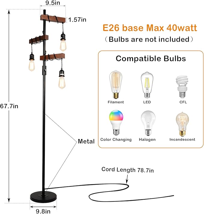 Airposta Industrial Floor Lamp, Farmhouse Tree 68 Inch 3 Lights Wood Standing Lamp, Sturdy Base Tall Vintage Metal Black Pole Light for Living Room Bedroom Office Rustic Home - LeafyLoom