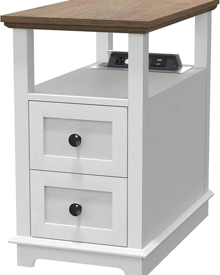 HIFYOBRO End Table with 2 Drawers, White Storage Side Table with Flip Top Fast Charging Station, Type-C & USB port & Power outlets, Wooden Storage Cabinet for Living Room and Bedroom - LeafyLoom