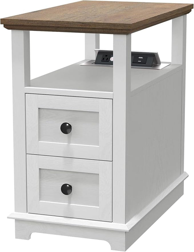 HIFYOBRO End Table with 2 Drawers, White Storage Side Table with Flip Top Fast Charging Station, Type-C & USB port & Power outlets, Wooden Storage Cabinet for Living Room and Bedroom - LeafyLoom