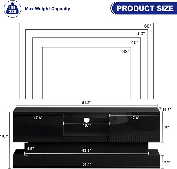 Black TV Stand Modern - TV Stands with Led Lights and Storage Drawers for TVs up to 55 Inch - Gaming TV Entertainment Stand for Living Room, Bedroom - LeafyLoom
