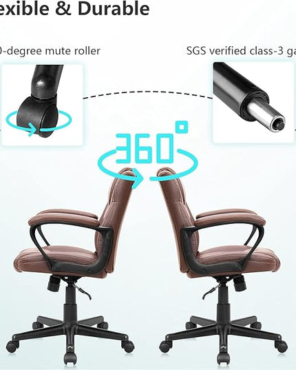 Executive Office Chair Swivel Task Seat with Ergonomic Mid-Back, Waist Support, PU Leather, 18D x 19W x 41H in, Brown - LeafyLoom