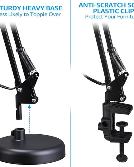TORCHSTAR Metal Desk Lamp with Clamp, Swing Arm , Architect Adjustable Gooseneck Table Lamp, Clip Desk Lights for Home Office, Work, Study, Reading, E26 Base, Multi-Joint, Black - LeafyLoom
