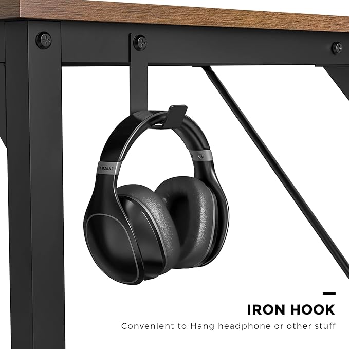JHK Computer Desk Office 48 Inch Writing Work Kids Study Simple Wooden Table for Home Bedroom Modern Style with Headphone Hooks & Storage Bag, Rustic Brown - LeafyLoom