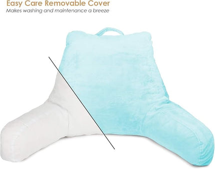Clara Clark Reading Pillow for Kids, Small Back Pillow for Sitting Up in Bed, Memory Foam Back Support Pillow, Reading Pillows for Sitting in Bed, Light Blue Gaming Pillow with Arms and Pockets - LeafyLoom