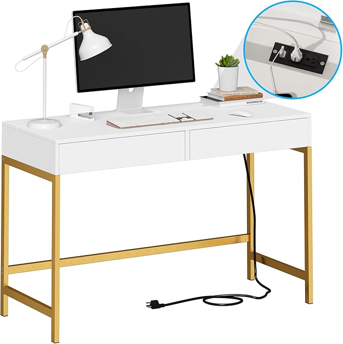 Treocho Computer Desk with USB Charging Ports and Power Outlets, Modern Simple 47 inch Vanity Desk with 2 Drawers, Makeup Table for Home Office, Bedroom, White and Gold - LeafyLoom