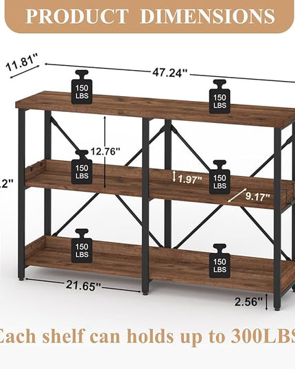 BON AUGURE Rustic Console Table with Shelves, 3 Tier Sofa Table Behind Couch for Living Room, Wood Metal Entryway Table for Hallway, Foyer, Entrance (47 Inch, Rustic Oak) - LeafyLoom