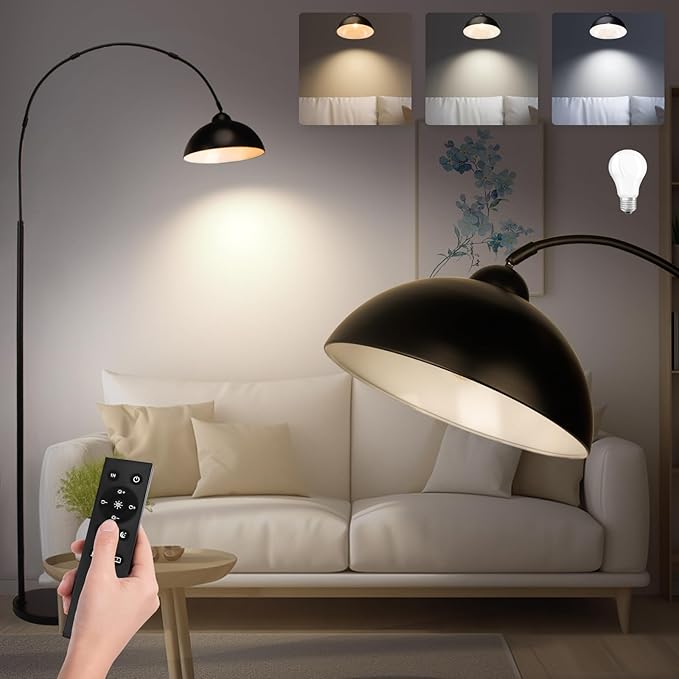 Black Arc Floor Lamp for Living Room, Dimmable LED Corner Floor Lamp with Remote Control, Modern Arch Standing Floor Lamp Curved (2700-6000K 9W LED Bulb Included - LeafyLoom