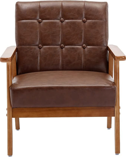 Mid-Century Accent, Modern Single Armchair, Upholstered Leisure Lounge Chair wth Solid Wood Armrest and Feet for Living Room, Bedroom, Office, Brown - LeafyLoom