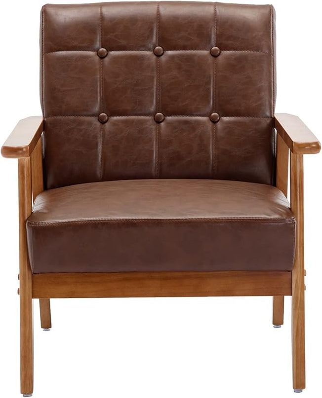 Mid-Century Accent, Modern Single Armchair, Upholstered Leisure Lounge Chair wth Solid Wood Armrest and Feet for Living Room, Bedroom, Office, Brown - LeafyLoom