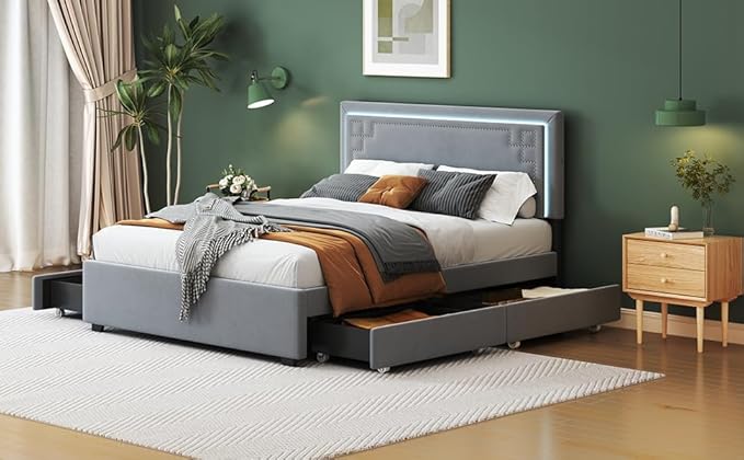 RITSU Queen Size Modern Upholstered Platform Bed with LED Bedframe and 4 Drawers Storable, Rivet-Decorated Headboard, No Box Spring Required, for Living Room, Apartment, Gray - LeafyLoom
