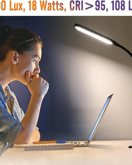 Clamp on Lamp, LED Clamp Desk Lamp, 3000 LMS, 18W, CRI>95, 3 Color Modes, 16 Brightness Levels, Eye-Caring Task Lamp with Remote for Reading, Office, 0.5H/1H Timer (Adapter Included) - LeafyLoom