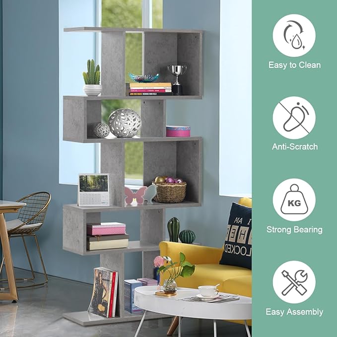 Giantex 5-Tier Geometric Bookshelf Set of 2, 70'' Tall Wood Freestanding Decorative Display Open Shelves with Anti-Tipping Device, Each Shelf Holds up to 44 lbs, Wooden S Shaped Bookcase, Gray - LeafyLoom