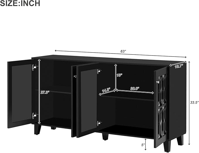 Merax Buffet Cabinet with Adjustable Shelves, 4-Door Mirror Hollow-Carved TV Stand for Television Up to 65 inches, Multi-Functional Console Table with Storage Credenza for Living Room, Black - LeafyLoom