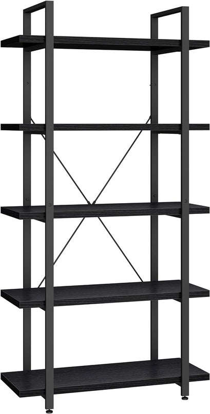 Panana 5 Tier Industrial Rustic Wooden Bookshelves, Vintage Open Wood and Metal Farmhouse Bookshelf Heavy Duty Storage Shelving Unit Rack (Black) - LeafyLoom