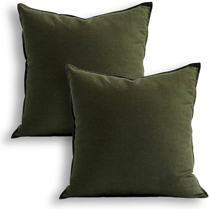 Jeanerlor Pack of 2 24 x 24 Inch Cotton Linen Soft Soild Decorative Square Throw Pillow Covers Green Cushion Case Set for Bedroom/Sofa/Car 60 x 60cm,Olive Green - LeafyLoom