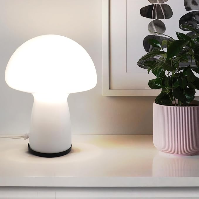 Mushroom Lamp,Glass Table Bedside Lamps,Translucent Vintage Style Striped Small Night Mushroom Decor Light for Ambient,Kids,Bedroom,Living,Gift (milk white) - LeafyLoom
