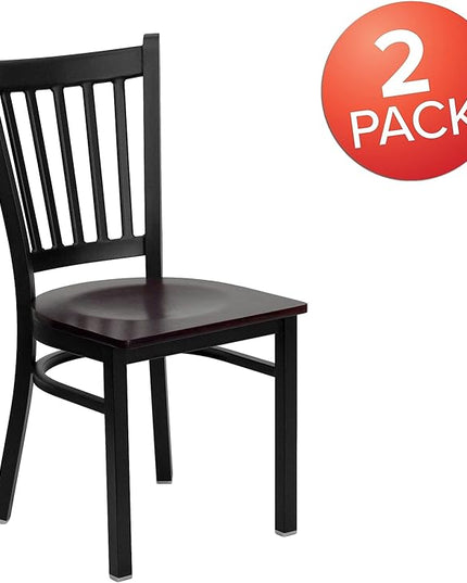 Flash Furniture 2 Pk. HERCULES Series Black Vertical Back Metal Restaurant Chair - Mahogany Wood Seat - LeafyLoom