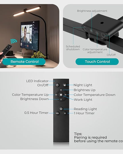 Led Desk Lamp for Office Home, Eye Caring Architect Desk Light with Clamp, Double Head 24W Ultra Bright Table Lamp with Remote Control, 5 Color Modes Flexible Gooseneck Lamp for Reading Study - LeafyLoom