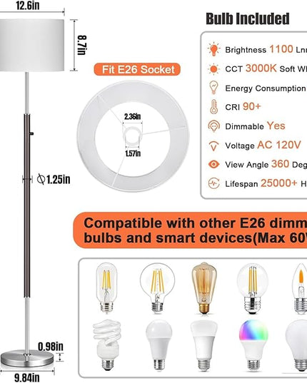 【Upgraded】 Dimmable Floor Lamp for Living Room, 1100 Lumens LED Edison Bulb Included, Simple Standing Lamp with Linen Lamp Shade, Modern Tall Lamp for Living Room Bedroom Office Dining Room Dorm - LeafyLoom