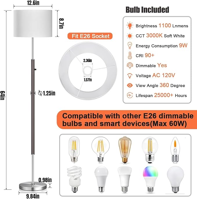 【Upgraded】 Dimmable Floor Lamp for Living Room, 1100 Lumens LED Edison Bulb Included, Simple Standing Lamp with Linen Lamp Shade, Modern Tall Lamp for Living Room Bedroom Office Dining Room Dorm - LeafyLoom