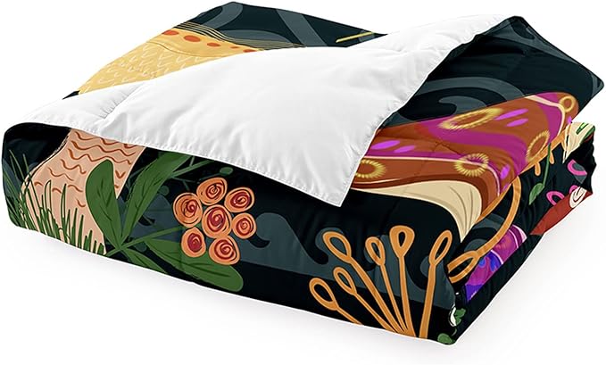 Cartoon Mushrooms Bedding Set, Girls Boys Ultra Soft Comforter Set Queen Size, Cute Plants Printed Quilt for Teens, Lovely Black Microfiber Comforter for All Season 3Pcs with Pillowcases - LeafyLoom