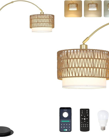 Arc Floor Lamp for bedroom with Rattan & Linen Shades, Gold Floor Lamp with Remote & Dimming Bulb, Rustic Standing Lamp with 3 Color Temperatures, Adjustable Height Farmhouse Tall Lamp for Living Room - LeafyLoom