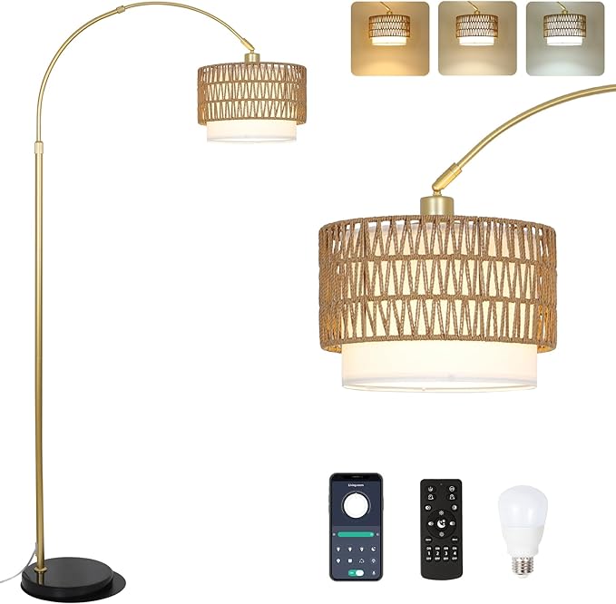 Arc Floor Lamp for bedroom with Rattan & Linen Shades, Gold Floor Lamp with Remote & Dimming Bulb, Rustic Standing Lamp with 3 Color Temperatures, Adjustable Height Farmhouse Tall Lamp for Living Room - LeafyLoom