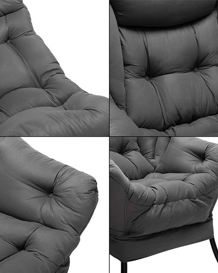 AbocoFur Modern Fabric Lazy Chair and Folding Footrest Stool Set, Accent Comfy Lounge Arm Chair and Ottoman, Leisure Sofa Reading Chair and Metal Cotton Footstool for Living room, Bedroom, Dark Grey - LeafyLoom