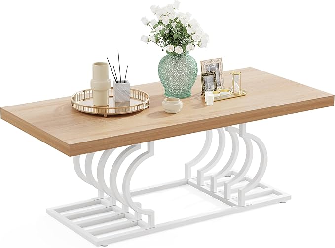 Tribesigns Farmhouse Coffee Table, 47 Inch Rustic Cocktail Table with Geometric Frame, Rectangular Wood Center Table Tea Table Accent Furniture for Living Room, French Country Decor (White/Natural) - LeafyLoom