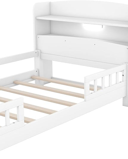Twin Size Platform Bed with Built-in LED Light,Multi-functional Wood Beds Frame,w/ 2 Storage Shelves Headboard and Guardrail,for Apartment,Bedroom,Living Room,White - LeafyLoom