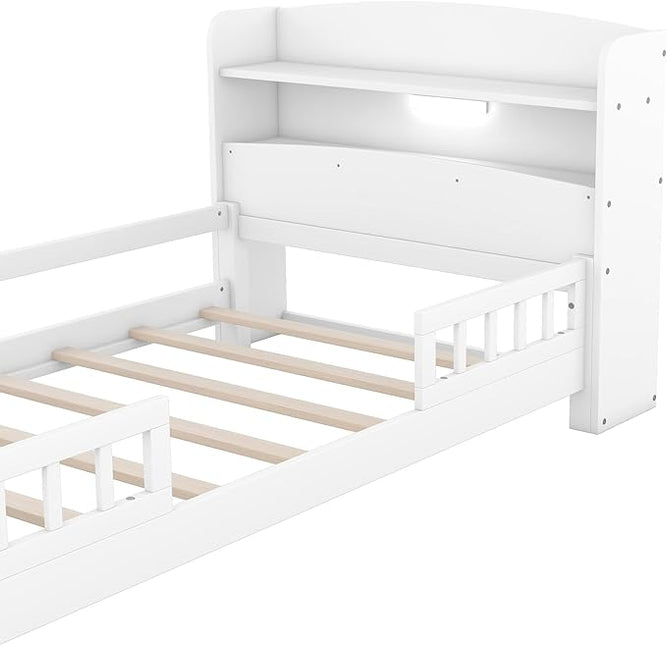 Twin Size Platform Bed with Built-in LED Light,Multi-functional Wood Beds Frame,w/ 2 Storage Shelves Headboard and Guardrail,for Apartment,Bedroom,Living Room,White - LeafyLoom