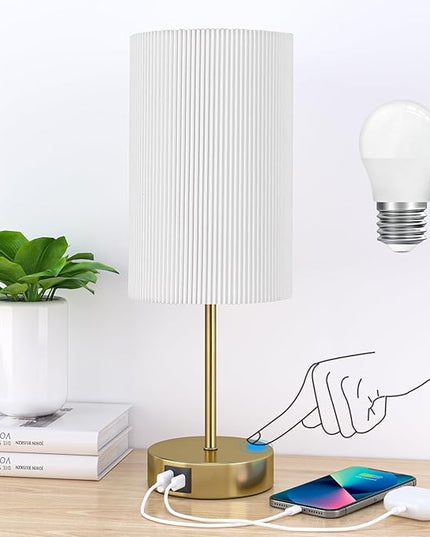 AKASUKI Table Lamp for Bedroom, 3 Way Dimmable Touch Lamp with Dual Charging Station, Small Bedside Lamps for Night Stands, Living Room, Office(LED Bulb Included) - LeafyLoom
