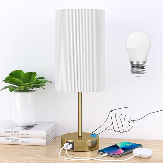 AKASUKI Table Lamp for Bedroom, 3 Way Dimmable Touch Lamp with Dual Charging Station, Small Bedside Lamps for Night Stands, Living Room, Office(LED Bulb Included) - LeafyLoom