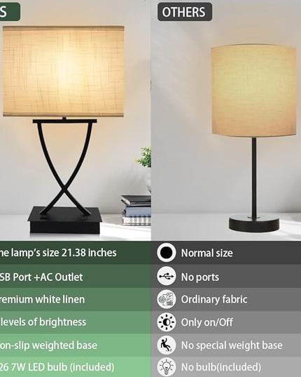 3-Way Dimmable Touch Control Medium Table Lamp with Type C/USB Charging Port and 1 AC Outlet White Shade 21.38" Bedside Nightstand Lamp for Bedroom Living Room Office and Hotel Bulb Included - LeafyLoom