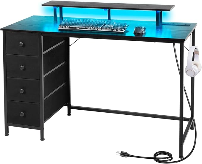 Computer Desk with LED Light & Power Outlets, 47 Inch Gaming Desk with 4 Fabric Drawers, Office Desk with Monitor Stand, Black Work Writing Desk with Hooks for Home Office, Bedroom, HGD12BK - LeafyLoom