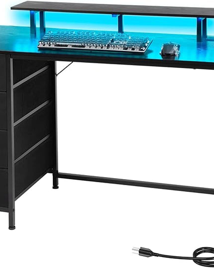 Computer Desk with LED Light & Power Outlets, 55 Inch Gaming Desk with 4 Fabric Drawers, Office Desk with Monitor Stand, Black Work Writing Desk with Hooks for Home Office, Bedroom, HGD14BK - LeafyLoom