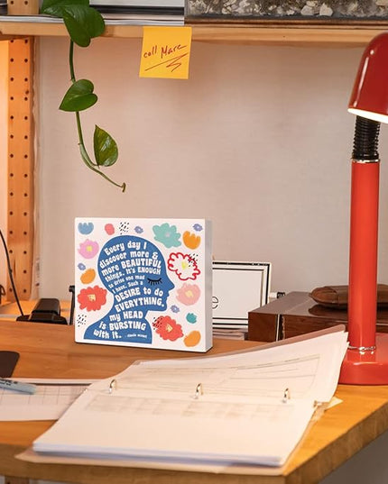 Home Office Desk Wooden Box Sign Decor, I Discover More & More Beautiful Things, Inspirational Quotes Desk Decor Motivational Desk Decorations for Women Girls Teens Student Office Classroom School - LeafyLoom