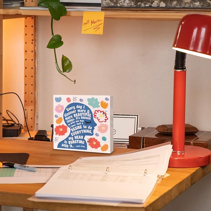 Home Office Desk Wooden Box Sign Decor, I Discover More & More Beautiful Things, Inspirational Quotes Desk Decor Motivational Desk Decorations for Women Girls Teens Student Office Classroom School - LeafyLoom