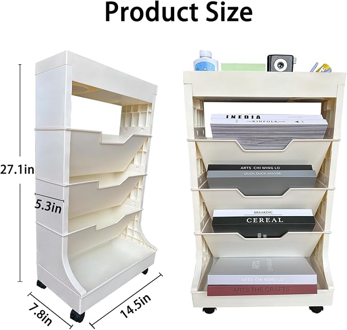 5-Tier Mobile Bookshelf, Book Storage Organization with Wheels Movable Rolling Book Cart for Study in Bedroom School Office, Light Yellow Drcoevo - LeafyLoom