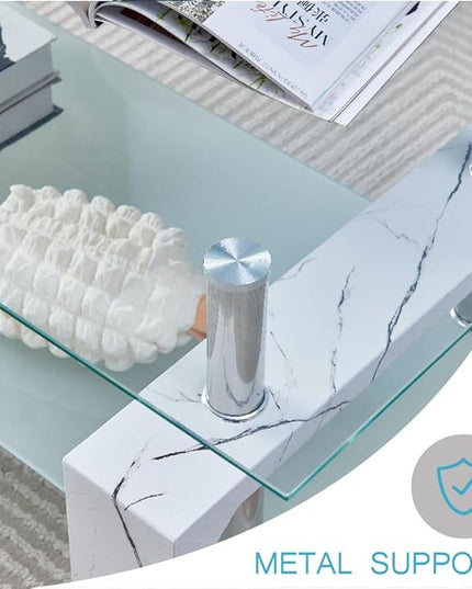 Living Room Rectangle Coffee Table, Tea Table Suitable for Waiting Room, Modern Side Coffee Table with Wooden Leg, Glass Tabletop with Lower Shelf, Marble - LeafyLoom